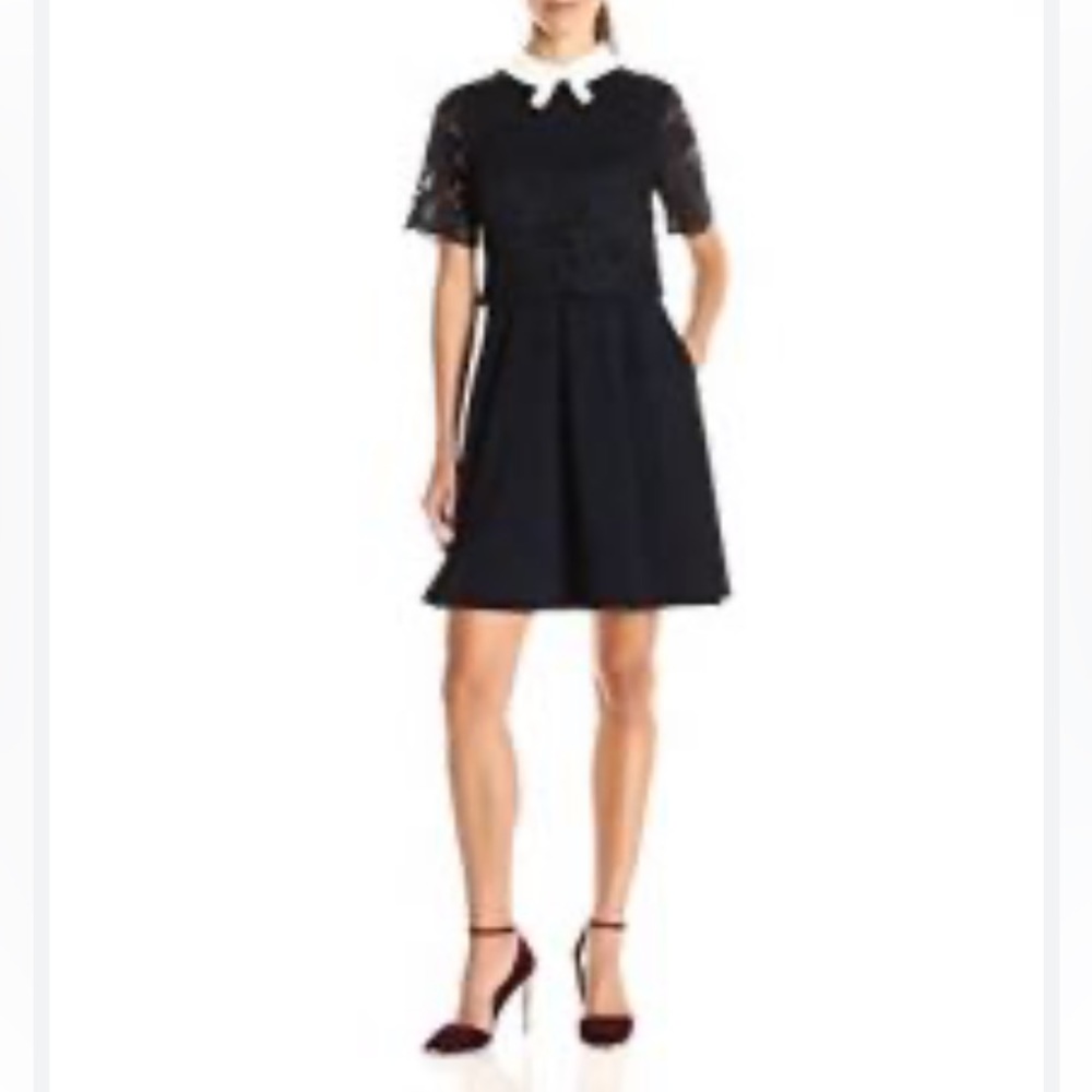 Ted Baker Collar a black Lace Flare Short Sleeve Bow Mid Dress Size 1